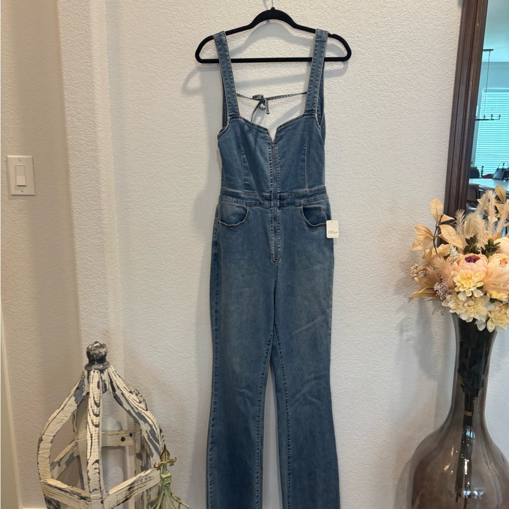 Free People Blue Denim Overalls with Flared Legs